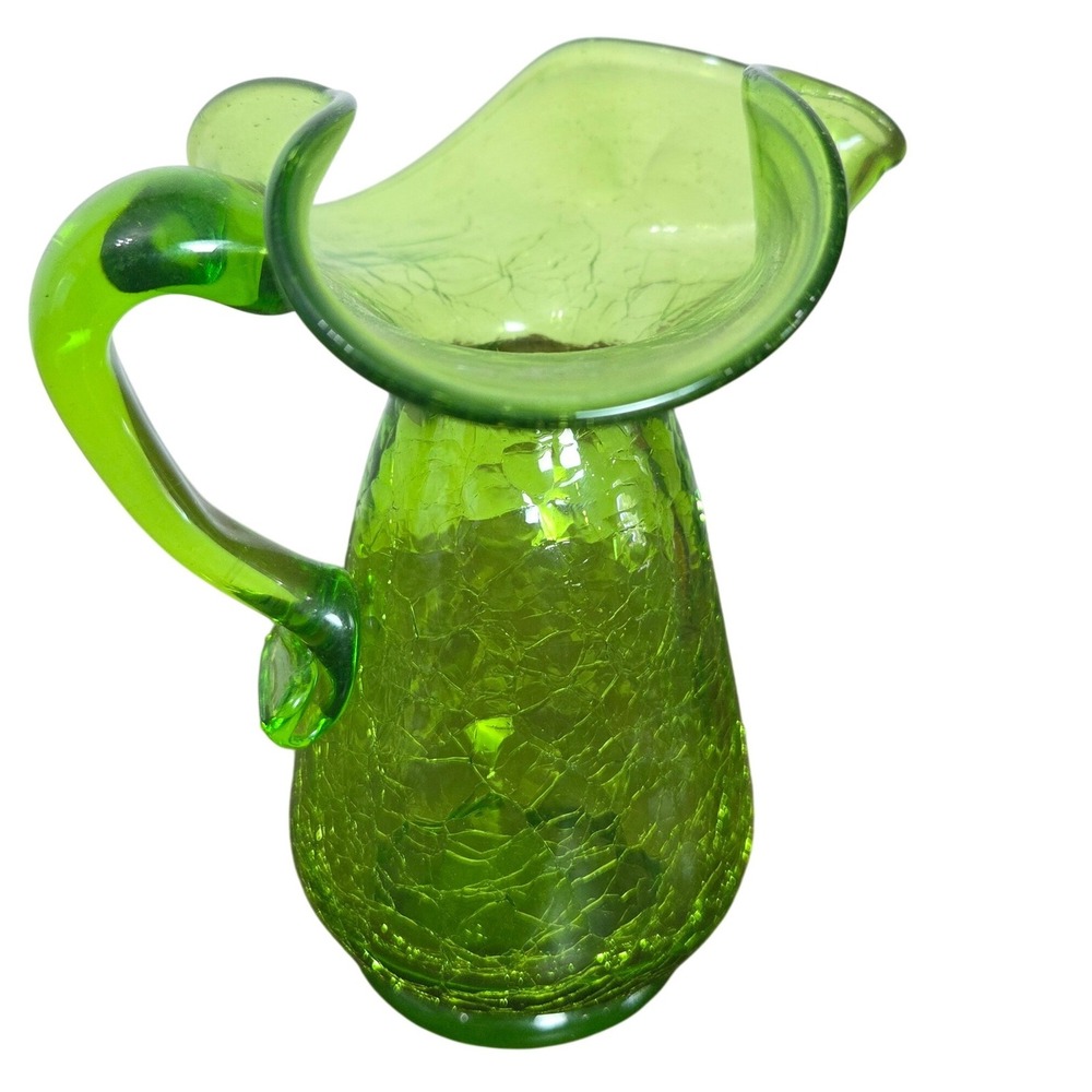 Vintage Kanawha Style Green Crackle Glass Mini Pitcher Uranium UV Glow 5"